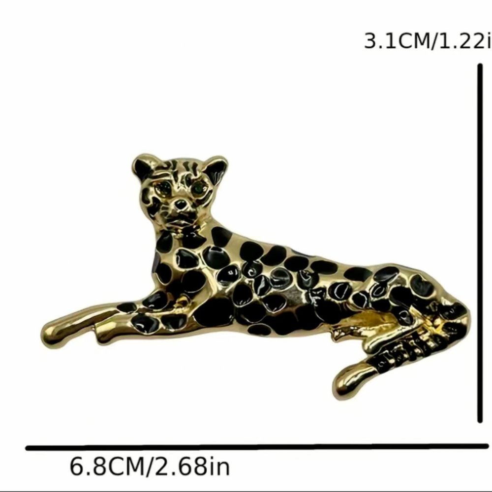 LEOPARD BROOCH Pin Brooch Cat Green Eye Rhinestone Black Enamel Tone